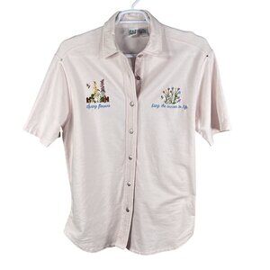 VTG Cotton P.S.I. 2XL Button-Up T-Shirt Embroidered Spring Flowers Easter Bunny